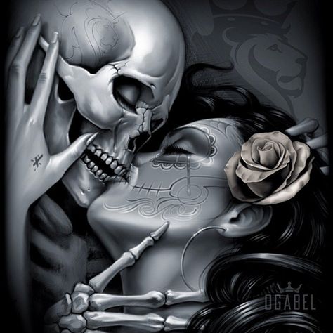 "Love Lost" by OG ABEL Skull Couple Tattoo, Og Abel Art, Og Abel, Art Chicano, Kiss Tattoos, Skull Rose Tattoos, Catrina Tattoo, Skull Girl Tattoo, Skeleton Love