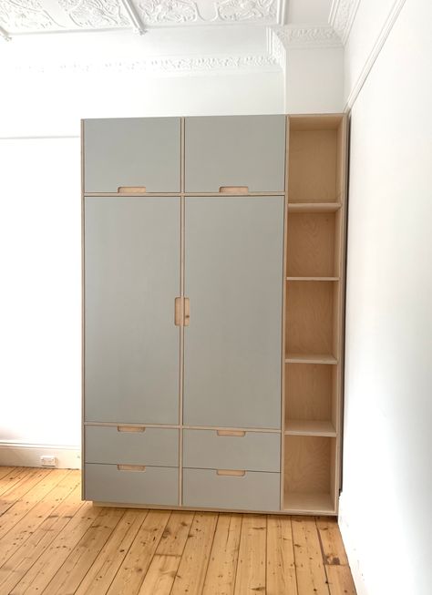 Birch Ply Wardrobe, Plywood Wardrobe Design, Birch Bedroom Furniture, Light Grey Wardrobe, Plywood Wardrobe, Closet Design Plans, Painted Closet, Grey Wardrobe, Front Closet