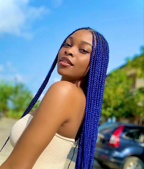 African Braids Hairstyles Blue, Braids For Black Women Mixed Colors, Peekaboo Box Braids Blue, Blue Knotless Box Braids, Blue Goddess Braids, Blue Cornrows, Blue Braids For Black Women, Dark Blue Braids, Light Blue Braids