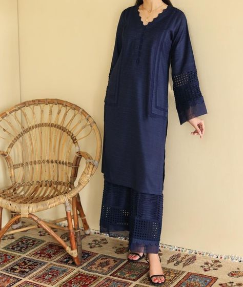 Dark Blue Kurti, Blue Dress Design, Kurti Frock, Frock Suit Design, Plain Kurti Designs, Dress Designing Ideas, Blue Kurti, Frock Suit, Cotton Suit Designs