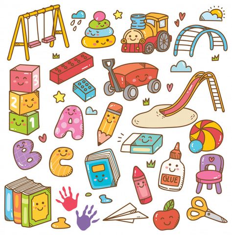 Discover thousands of Premium vectors available in AI and EPS formats Toys Drawing Illustrations, Toys Doodle, Toys Illustration, Kindergarten Toys, Toys Drawing, Toy Illustration, Car School, Kindergarten Drawing, Background Car