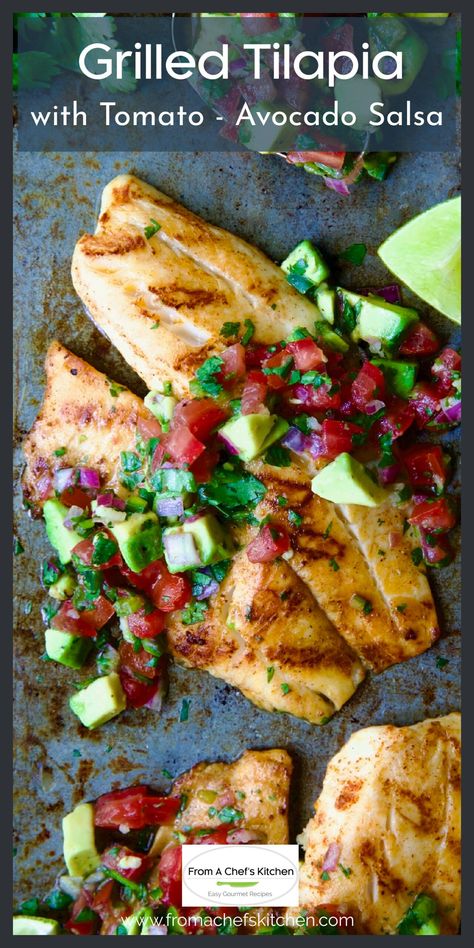 This easy grilled tilapia recipe is the perfect summer dinner!  Quick-cooking, budget-friendly tilapia is paired with a vibrant Tomato and Avocado Salsa that rocks with flavor. Grilled Talipa Recipes, Grilled Tilapia Recipes, Tilapia Dinner, Tilapia Recipes Healthy, Easy Fish Dinners, Best Avocado Recipes, Grilled Tilapia, Tilapia Recipe, Dinner Quick