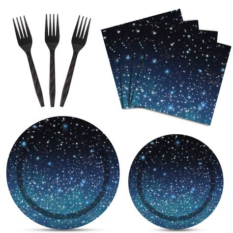 PRICES MAY VARY. Package includes: You will receive 24 9" Space Party Paper Plates, 24 7" Space Party Paper Plates, 24 6.5" Napkins and 24 Black Plastic Forks, each set can hold 24 guests. Premium Material: All of our space theme plates and napkins are made of quality paper, non-toxic, no smell, heat-resistant and durable. The pattern and color are well-printed and fade-resistant to provide you with a party full of outer space theme atmosphere. Vibrant Space Party Design: Except for the fork, th Eclipse Party, Space Party Decorations, Outer Space Party, Outer Space Theme, Space Birthday Party, Summer Party Decorations, Birthday Star, Party Table Cloth, Space Party