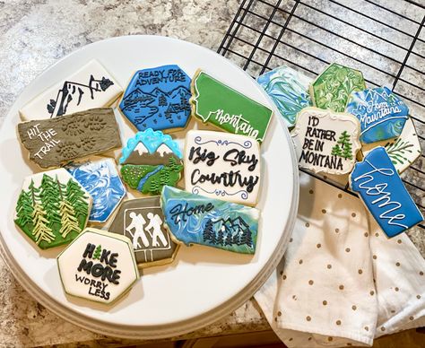 Hiking, mountains, montana, cookies, home, royal icing Montana Cookies, Mountains Birthday, Watercolor Sugar Cookies, Mountains Montana, Moving Mountains, Mountain Watercolor, Hiking Mountains, Watercolor Mountains, Iced Cookies