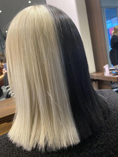 Cruella De Vil vibes Cruella Hair Color, Cruella Deville Hair, Half Blonde Half Black Hair, Cruella Hair, Split Dye, Split Dyed Hair, Hair Strands, Hair Streaks, Split Hair