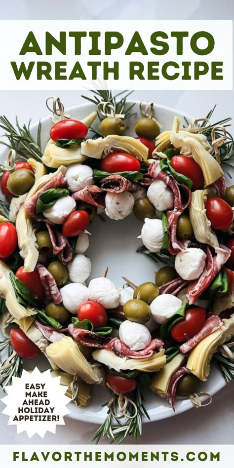 This Antipasto Wreath is an easy holiday appetizer that's guaranteed to impress! It comes together in 15 minutes and can be made entirely in advance! #antipasto #wreath #christmas #appetizer Christmas Antipasto Platter, Antipasto Wreath, Antipasto Recipes, Antipasto Appetizer, Brunch Bake, Italian Antipasto, Impressive Appetizers, Antipasto Skewers, Sliced Salami