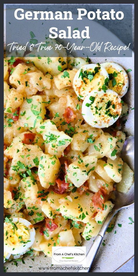 This authentic German Potato Salad recipe has been a family favorite for more than 70 years! The intensely flavorful, vinegar-based dressing is sweet and tangy. Perfect as a hearty side dish! Sweet German Potato Salad, German Potato Salad Dressing, Easy German Potato Salad Recipe, Vinegar Potato Salad Recipe, Potato Salad Side Dishes, Tangy Potato Salad, Potato Salad Vinegar Based, German Potatoes Recipes, Vinegar Based Potato Salad