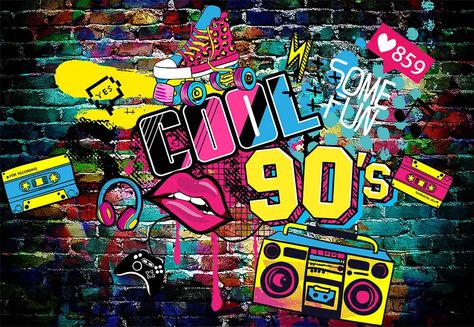 Download A surreal and funky atmosphere inspired by the 90s | Wallpapers.com 90s Backdrop, Brick Photography, 90s Graffiti, 90s Background, Deco Cake, Art Bulletin Boards, 1990s Nostalgia, 90s Wallpaper Hip Hop, Dj Art