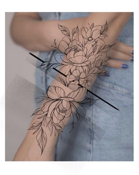 Flowers Hand Tattoo Women, Flower Band Tattoo Design For Women, Flower Tattoos Vine, Flower Tattoo Designs Sketches, Floral Sleeve Tattoo Black And White, Floral Band Tattoo Design, Forearm Flower Tattoo Women, Tattoo Flowers Arm, Floral Band Tattoo