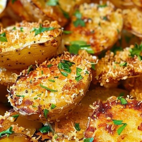 Crispy Parmesan Crusted Potatoes, Crusted Potatoes, Crispy Parmesan Potatoes, Parmesan Crusted Potatoes, Make Garlic Butter, Olive Oil Butter, Dried Parsley, Parmesan Potatoes, Parmesan Crusted