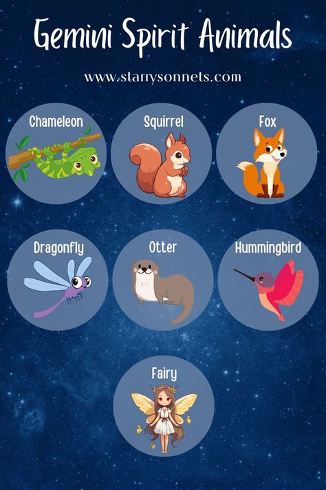 Infographic about Gemini spirit animals including chameleon, squirrel, fox, dragonfly, otter, hummingbird, and fairy. Gemini Symbolism, Gemini Spirit Animal, Gemini Animal, Gemini Witch, June Magick, Zodiac Gemini Art, Gemini Signs, Gemini Stuff, Gemini Wallpaper