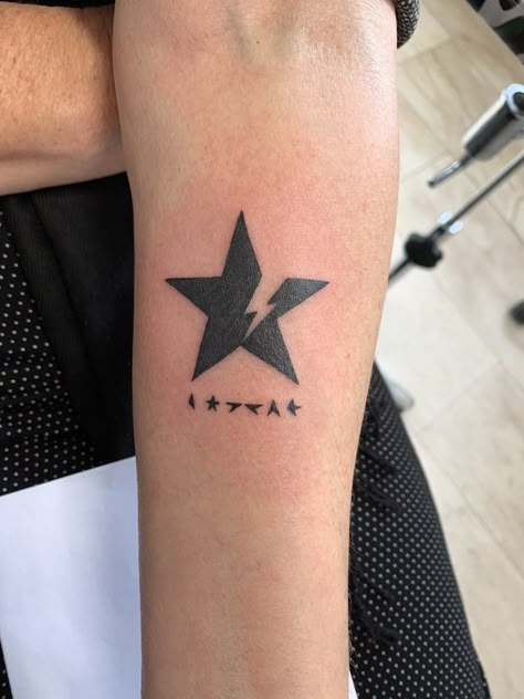 Black Star David Bowie Tattoo, Small Bowie Tattoo, Star Man Tattoo David Bowie, Bowie Tattoo Minimalist, Bowie Inspired Tattoo, David Bowie Tatoos, David Bowie Inspired Tattoos, Rockstar Tattoo Ideas, Starman Tattoo