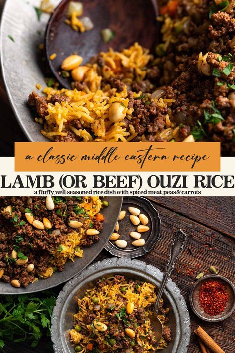 If you enjoy cooking Middle Eastern recipes, you'll love Lamb Ouzi Rice! It's a beautifully-spiced fluffy rice pilaf with peas, carrots, lamb (or beef), and toasted buttery nuts. Like a lot of Arabic food, it's healthy, flavorful, and impressive enough for guests - but you'll be surprised at how easy it is to make! Ground Lamb Indian Recipes, Ground Lamb And Rice Recipes, Lamb Fried Rice, Arabic Lamb Recipes, Ouzi Recipe, Recipes With Ground Lamb, Ouzi Rice, Ground Lamb Recipes Easy, Sumac Recipes