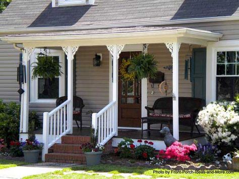 Small front porch with wind chimes and wicker furniture epitomize cottage living. front-porch-ideas-and-more.com #frontporch Front Porch Pictures, Small Porch Ideas, Veranda Design, Cottage Porch, Small Front Porch, Building A Porch, Farmhouse Front Door, Front Porch Design, Front Porch Ideas Curb Appeal