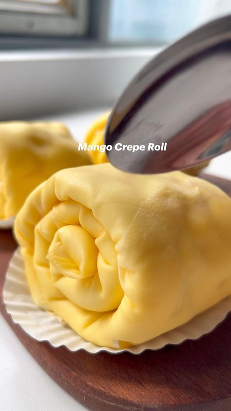 Mango crepe roll. Recipe linked in my bio. Mango Crepe, Mango Slices, Sweet Dishes Recipes, Mango Puree, Food Babe, Recipe Books, Homemade Recipe, Roll Recipe, All Recipes