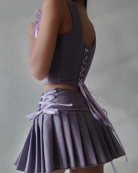 Purple Corset Outfit, Corset Top With Skirt, Corset Top And Mini Skirt, Summer Birthday Outfits, Handmade Corset, Top With Skirt, Denim Corset Top, Corset Tops, Conceptual Fashion