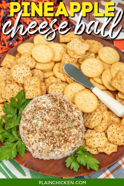 Pineapple Cheese Ball - Plain Chicken Pineapple Cheese Ball Recipe, Cheese Ball With Pineapple, Appetizer Cream Cheese, Pineapple Cheeseball Recipes, Pineapple Cheeseball, Recipes With Crushed Pineapple, Pineapple Appetizers, Cream Cheese Balls Recipe, Pineapple Cheese Ball