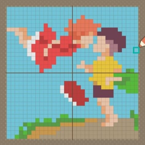 Grimace Pixel Art, Acnh Ponyo Design, Ponyo Grid Pattern, Alpha Pattern Ponyo, Animal Crossing Grid Patterns, Pokemon Grid Art, 30x30 Pixel Art Grid, Pixel Studio Ghibli, Ponyo Pixel Grid