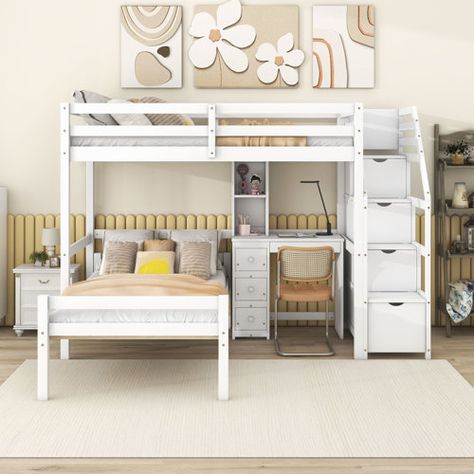 Harriet Bee Franciscka Twin over Twin 3 Drawer L-Shaped Bunk Beds with Built-in-Desk by Harriet Bee | Wayfair Girls Bunk Bed Bedroom Ideas, Bunk Bed Girls Room, Bunk Bed Bedroom Ideas, Bunk Beds For Girls Room, L Shaped Bunk Beds, Girls Bunk Beds, Storage Stairs, Stairs Renovation, Bunk Bed With Desk