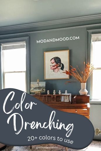 Color drenching has roots in classic Victorian style. The idea behind color drenching is typically to use a single color on the walls, trim, and ceilings. In this post, we will see several color drenched spaces in real life, look at a couple variations on the trend, and see a host of amazing colors to use in your home! Make sure to add these shades to your list of paint color ideas! Painting Room And Trim Same Color, Painting A Room All The Same Color, Small House Interior Color Ideas, Vaulted Room Paint Colors, Color French Living Room, Trim Matching Wall Color, Rich Paint Colors Living Rooms, How To Incorporate Color Into Your Home, Living Room Color Drench