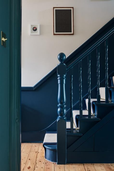 Dark Blue Hallway, Cosy Family Home, Scandi Hallway, Interior Paint Schemes, Stairs And Hallway Ideas, Hallway Decor Ideas, Stairs Colours, Blue Hallway, Jim Chapman