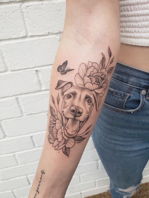 Floral Cat And Dog Tattoo, Forearm Dog Tattoo Women, Pitbull Flower Tattoo, Dog Portrait Tattoo Placement, Pet Portrait Tattoo Placement, Dog Floral Tattoo, Animal Portrait Tattoos, Dog Portrait Tattoo Flowers, Dog Arm Tattoo