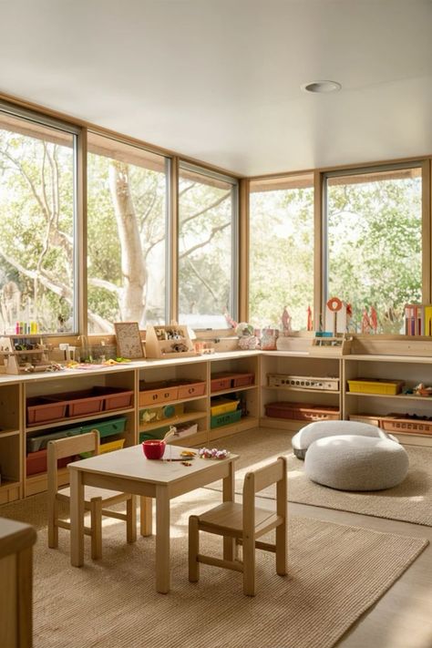 90720b925e0c4c2ddc1fdd4a558b05c9 Bright Montessori classroom with wooden tables, chairs, and shelves filled with educational materials, sunlight streaming in. | Sky Rye Design Montessori School Room, Kids Playroom Aesthetic, Learning Area For Kids At Home, Playroom And Homeschool Room, Foster Kids Room, Kids Playroom Ideas Small Space, Kids Library Room Ideas, Childrens Playroom Ideas, Small Playroom Design