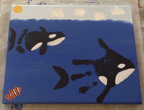 Dolphin Handprint Craft, Sea Animals Handprint Art, Hand Print Sea Animals, Handprint Sea Animals, Whale Handprint Craft, Sea Creature Handprint Art, Whale Footprint Art, Under The Sea Handprint Art, Orca Craft Preschool