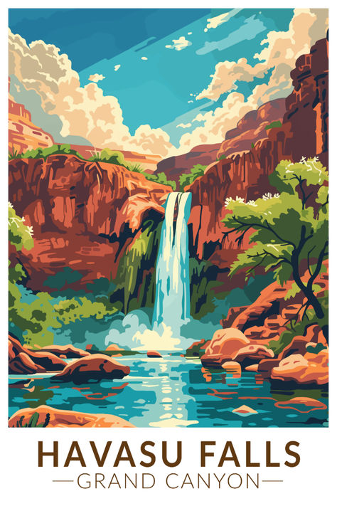 Retro-style illustration of Havasu Falls in the Grand Canyon featuring the waterfall cascading into a turquoise pool surrounded by vibrant red rock cliffs and lush greenery. Kids Building, Trip To Grand Canyon, Retro Style Posters, Havasu Falls, The Grand Canyon, Building For Kids, Rock Formations, Red Rock, World Art