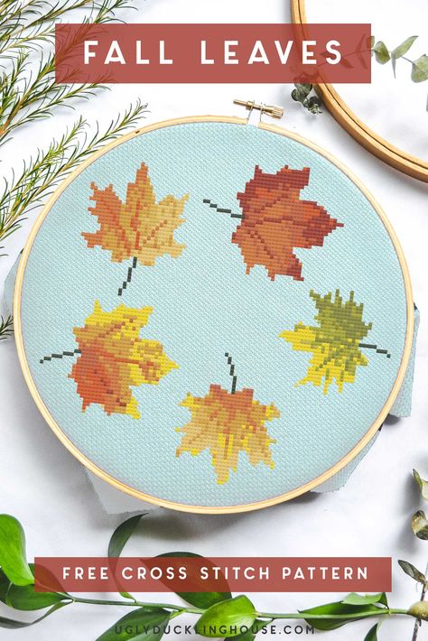 Gotta do this one! Grab this free fall leaves cross stitch pattern - this leaf pattern is made to look like a circle/wreath, but it can also be completed as individual patterns! perfect for fall decor #fall #autumn #leafpattern  #crossstitch #embroidery #crossstitchpattern #fiberart #gallerywall Autumn Cross Stitch Patterns Free Charts, Leaf Cross Stitch, Leaves Cross Stitch, Elaborate Embroidery, Circle Wreath, Free Cross Stitch Pattern, Autumn Cross Stitch Patterns, Fall Cross Stitch, Mask Designs