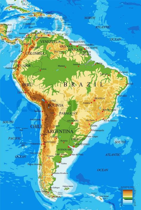 Highly detailed physical map of South America,in vector format,with all the relief forms,countries and big cities. College Wall Art, Country Backgrounds, Physical Map, Geography Map, Geography Lessons, Big Cities, Australia Map, Dope Art, Map Vector