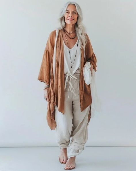 Boho Work Clothes Women, Bohemian Outfits Women Over 50, Grunge Outfits Over 50, Plus Size Summer Boho Outfits, Boho Over 40 Fashion, Classy Boho Outfits, Boho Lounge Outfit, Over 50 Womens Fashion 50 And Fabulous, Bohemian Work Outfit