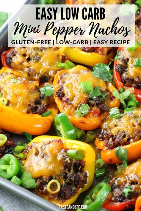 These Easy Low Carb Nachos are perfect for meal prep and they're gluten-free!  Mexican stuffed peppers with lean ground beef, black beans, tomatoes, green chilies and a zesty blend of Mexican spices.  #MexicanRecipes #GlutenFree #LowCarb #MealPrepRecipes #TasteAndSee Mini Pepper Nachos, Pepper Nachos, Low Carb Nachos, Mexican Stuffed Peppers, Lean Protein Meals, Lean And Green, Lean Meals, Lean And Green Meals, Dandelion Recipes