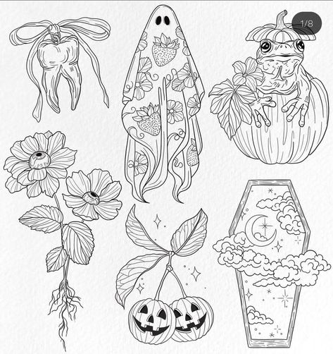 Halloween Flash Sheet, Halloween Flash, Tattoo Reference, Flash Tattoo Designs, Flash Sheet, Spooky Tattoos, Shrinky Dink, Tattoo Design Book, Line Art Tattoos