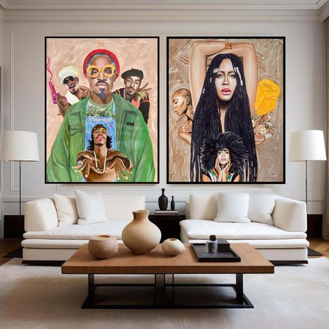 Limited edition signed set of Andre 3000 and Erykah Badu prints. 24x36 Dark Eclectic Living Room, Afrocentric Living Room, Afrohemian Decor, Funky Interior Design, Artsy Home, Andre 3000, Apartment Makeover, Erykah Badu, New Interior Design