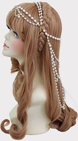 Pearl Head Dress, Pearl Head Accessories, Lolíta Headdress, Pearl In Hair, Beaded Ponytail, Kokomi Cosplay, Moonlight Cookie, Pearl Headdress, Cute Hairstyle Ideas