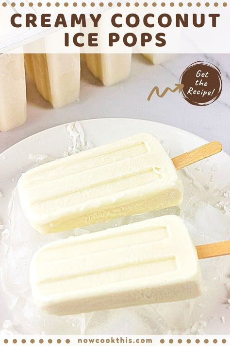 These easy creamy coconut popsicles are made with coconut milk and are a cool, refreshing, and delicious frozen treat perfect for hot summer days. Not only are they sweet and creamy, they're filled with bits of chewy coconut (so good!). If you like coconut, you're going to love these coconut milk ice pops! Get the recipe and try them! Popsicles With Coconut Milk, Mexican Coconut Popsicles, Coconut Water Ice Pops, Homemade Coconut Popsicles, Popsicle Recipes Coconut Milk, Creamy Coconut Popsicles, Popsicle Recipes Creamy, Coconut Milk Popsicle Recipes, Coconut Cream Popsicle Recipes