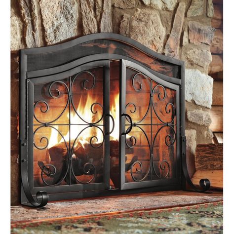 Plow & Hearth 2-Door Iron Fireplace Screen & Reviews | Wayfair Fireplace Screens With Doors, Metal Fireplace, Fireplace Doors, Fire Screen, Fireplace Screen, Fireplace Screens, Fireplace Ideas, Fireplace Tools, Tubular Steel