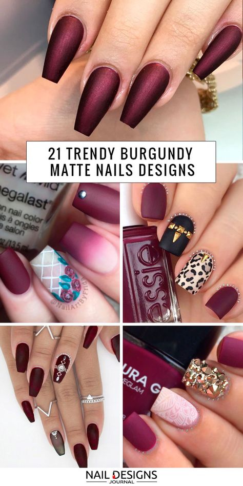 Burgundy matte nails are already a classic variant of manicure. Check out the following variants gathered for you! Maroon Matte Nails Design, Burgundy Matte Nails Design, Matte Burgundy Nails Coffin, Matt Burgundy Nails, Burgundy And Grey Nails, Matte Burgundy Nails Design, Wine Color Nails Designs Burgundy, Matte Wine Nails, Dark Wine Nails With Design