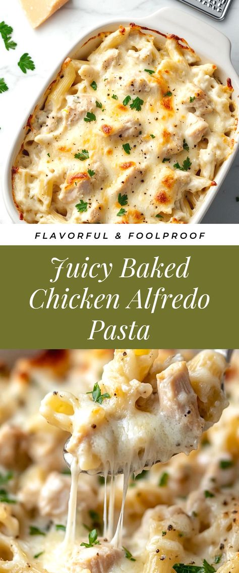 Image for Juicy Baked Chicken Alfredo Pasta Creamy Chicken Dinner Ideas, Alfredo Baked Chicken And Pasta, Chicken Pasta Of Your Dreams, Baked Pasta Alfredo Recipe, 8x8 Baking Dish Recipes, Baked Chicken Tortellini Alfredo, Full Meals Dinners, Chicken Alfredo Gnocchi Bake, Cheesy Chicken Alfredo Casserole