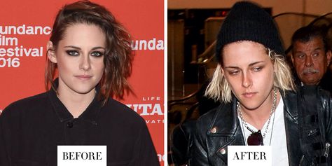 Kristen Stewart  When: April 2016  What: Platinum Blonde  Why we love it: The actress is no stranger to edgy hairstyles, from mohawks to undercuts to asymmetrical bobs. But her latest look—bleach blonde color and dark roots peeking out from a beanie—may just be her most rock 'n' roll yet thanks to a little help from leather and chains. Edgy Hairstyles, Mohawks, Asymmetrical Bob, Brie Larson, Edgy Hair, Bleach Blonde, Bella Thorne, Dark Roots, Blonde Color