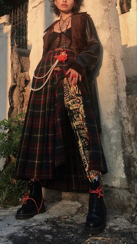 Punk Long Skirt Outfit, Funky Goth Outfits, Earthy Punk Outfits, Punk Acedamia Outfits, Cottagecore Punk Aesthetic, Cultcore Fashion, Dark Maximalist Outfit, Dragon Core Aesthetic Outfits, Masculine Witchy Outfits