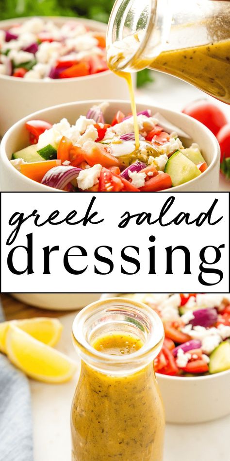 This Greek Salad Dressing recipe is the BEST easy Greek dressing. Made with basic ingredients, this Greek-style vinaigrette is easy to make in minutes and it's perfect on salads, for serving on grilled veggies, and even used as a marinade for grilled meats. Recipe from thebusybaker.ca! #greeksaladdressing #greekdressing #greeksalad #greekrecipe #saladdressing #dressing #saladdressingrecipe via @busybakerblog Home Made Greek Dressing Salad, Romaine Salad Dressing Recipes, Greek Dressing Recipe Vinaigrette, Easy Greek Dressing, Best Greek Salad Dressing, Meats Recipe, Greek Vinaigrette Dressing, Greek Dressing Recipe, Basic Vinaigrette