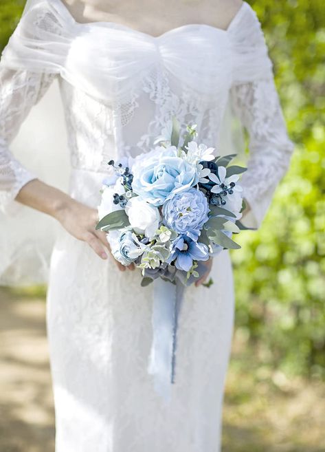 PRICES MAY VARY. Size: 12 inches high, 9 inches in diameter. Material: The main flowers of the wedding bridal rose bouquet are silk dusty blue roses, dotted with white rose, blue peony, navy roses, orchid, anemone, beriies, acrylic crystal, eucalyptus leaves ,white daisy. Delicate Dusty Blue Wedding Bouquets: the bouquet comes in elegant, romantic and tender tones: dusty blue, light blue, grey, white, navy blue and green. These neutral colors are subtle and roamntic, they attract with their cozi Flower Petals Wedding, Gold Wedding Flowers, Bouquet For Wedding, Vintage Boho Wedding, Cowgirl Wedding, Blue Wedding Bouquet, Dusty Blue Wedding, Bridal Roses, French Rustic