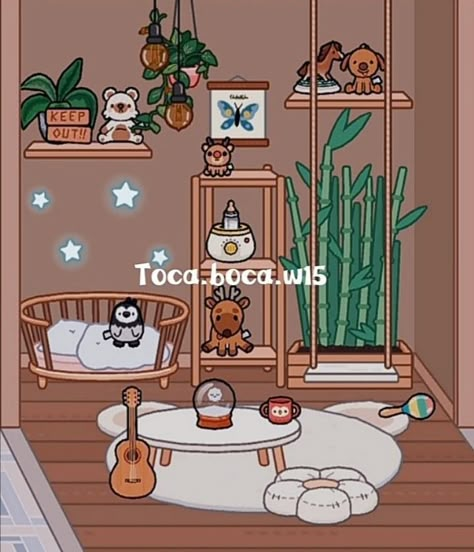 Aesthetic baby room Aesthetic Baby Room, Room Hello Kitty, Toca Boca Hair Salon, Toca Ideas, Toka Boka, Planet Drawing, Cow Print Wallpaper, Toca Life World, Free House Design