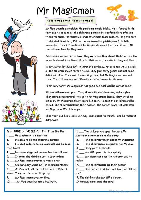 Mr Magicman - he is special! - English ESL Worksheets for distance learning and physical classrooms Phonic Reading, Narrative Text, English Comprehension, Reading Comprehension Texts, Reading Comprehension For Kids, Teaching Reading Comprehension, Esl Reading, English Stories For Kids, Grammar Games