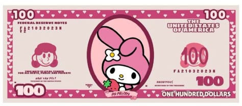 My Melody Money, Sanrio Money, Hello Kitty Money, Secret Starbucks Recipes, Money Stickers, Dollar Note, Hello Kitty Printables, 100 Dollar Bill, Federal Reserve Note