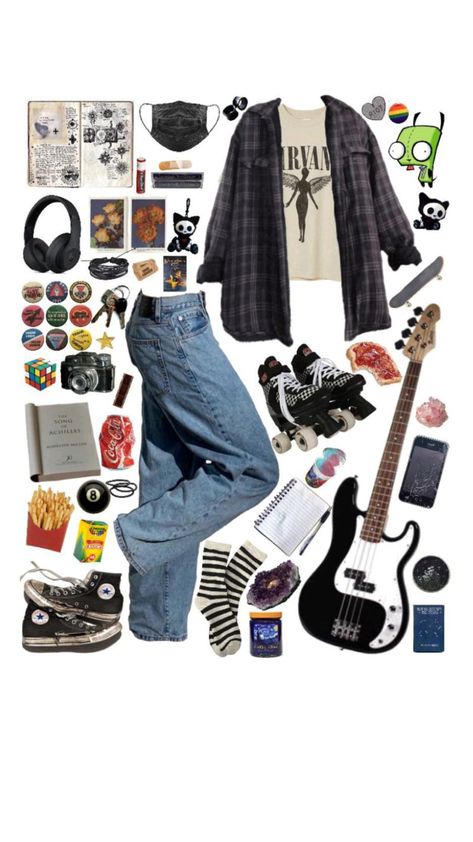 Rock Music Aesthetic Outfits, Easy Retro Outfits, Normal Aesthetic Outfit, 90s Band Outfits, Mid West Emo Fashion, Green Day Shirt Outfit, Easy Vintage Outfits, Teenage Dirtbag Outfit Grunge, System Of A Down Outfits