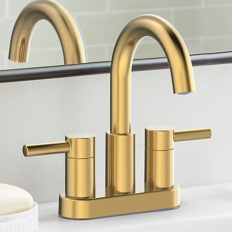 allen + roth Harlow Brushed Gold 4-in centerset 2-Handle WaterSense Bathroom Sink Faucet with Drain and Deck Plate in the Bathroom Sink Faucets department at Lowes.com Gold Bathroom Fixtures Sink Faucets, Gold Faucet Bathroom, Bathroom Vanity Sinks, Gold Bathroom Sink Faucet, Brass Faucet Bathroom, Sink Faucets Bathroom, Gold Bathroom Fixtures, Midcentury Modern Bathroom, Gold Bathroom Faucet