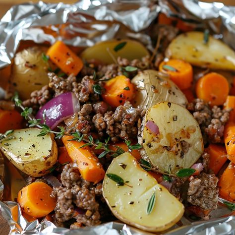 Easy Foil Packet Ground Beef and Vegetables | Perfect Weeknight Meal - My Home Made Recipe Ground Beef Foil Packets For The Oven, Hobo Foil Packs Oven, Hamburger Foil Packets For The Oven, Foil Camping Meals, Hobo Dinner Foil Packets, Ground Beef And Vegetables, Tin Foil Meals, Hobo Dinner, Watermelon Jam